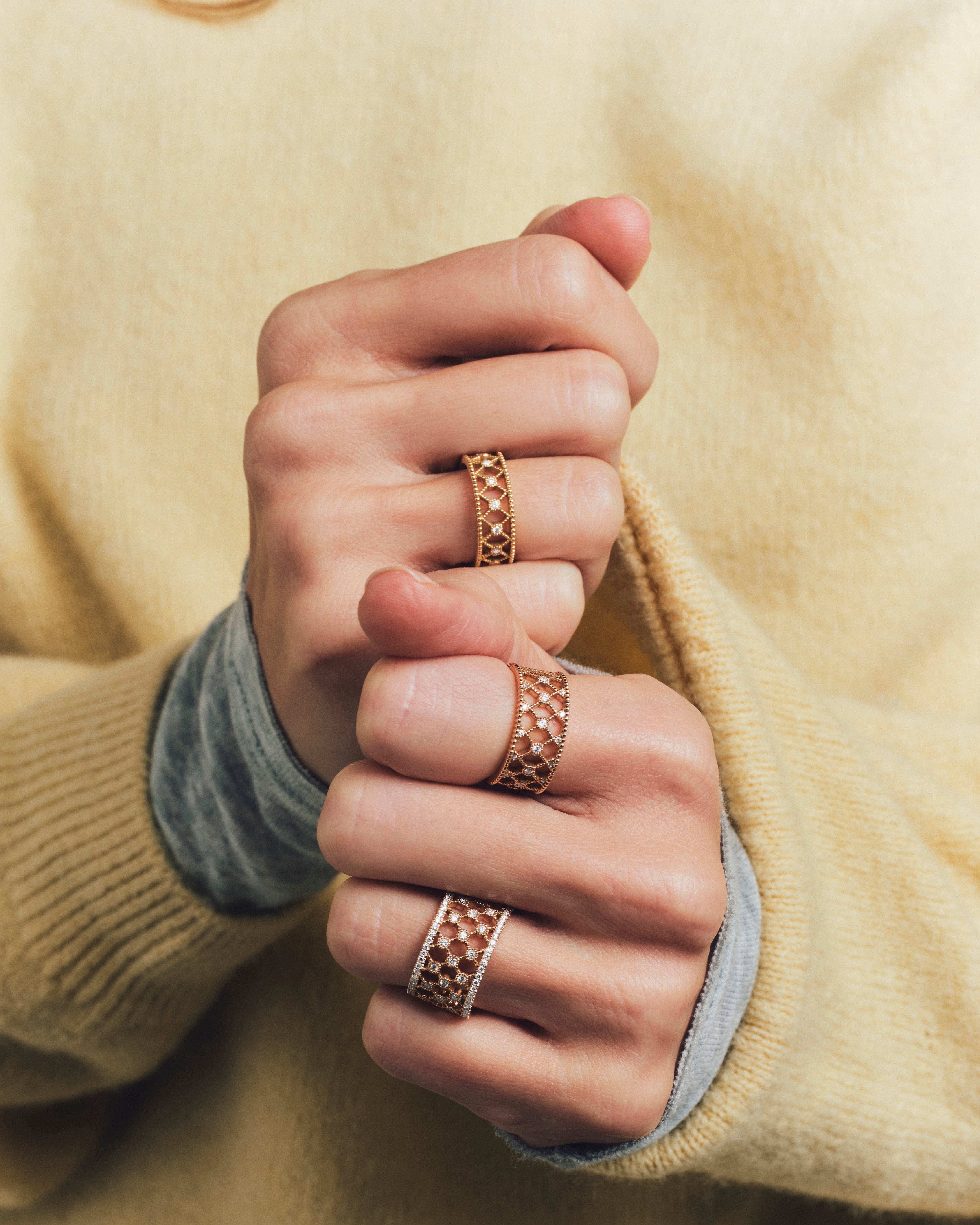Bague Blanche anneaux diamants micropavage GM - Or jaune