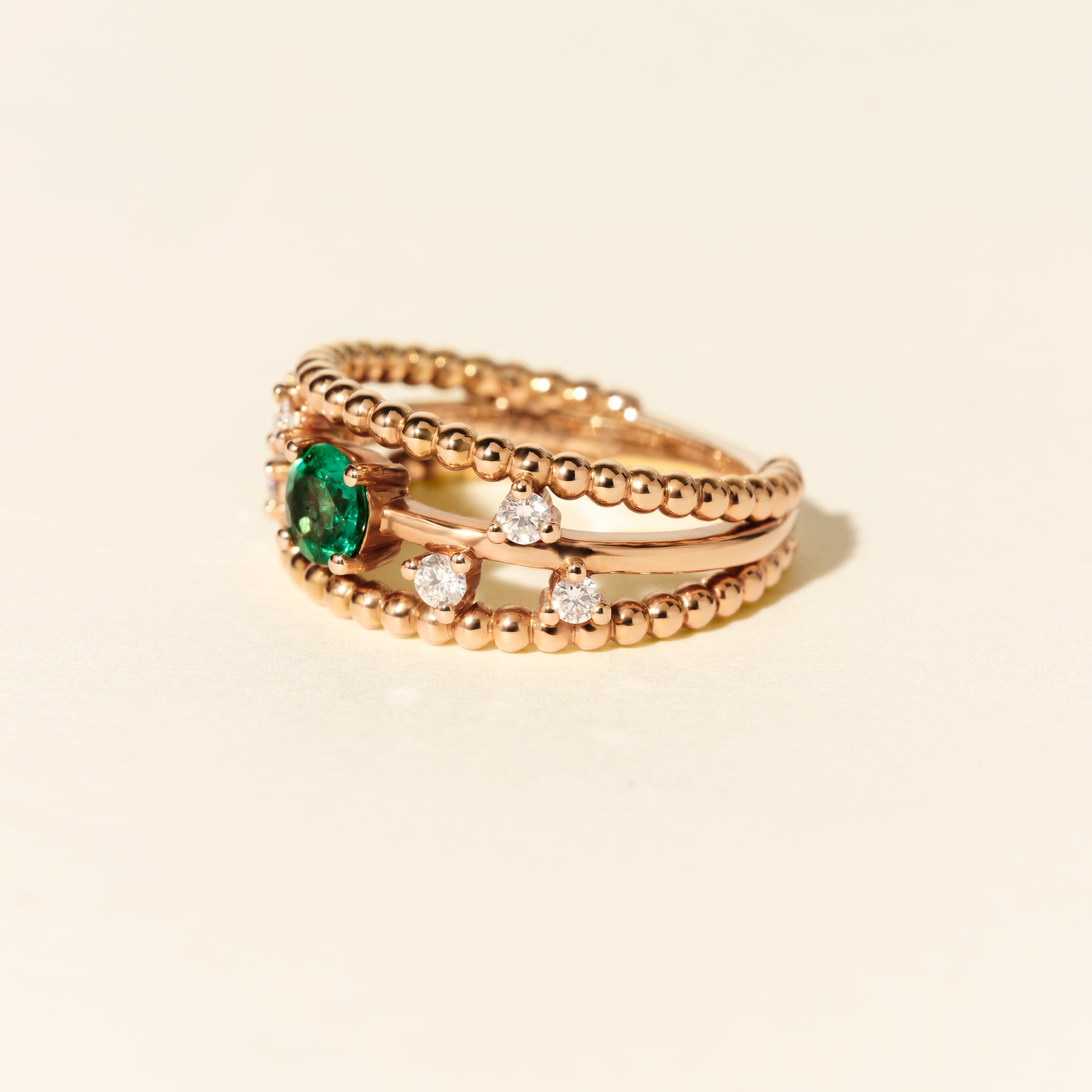 Bague Alma Trio émeraude et diamants PM - Or rose