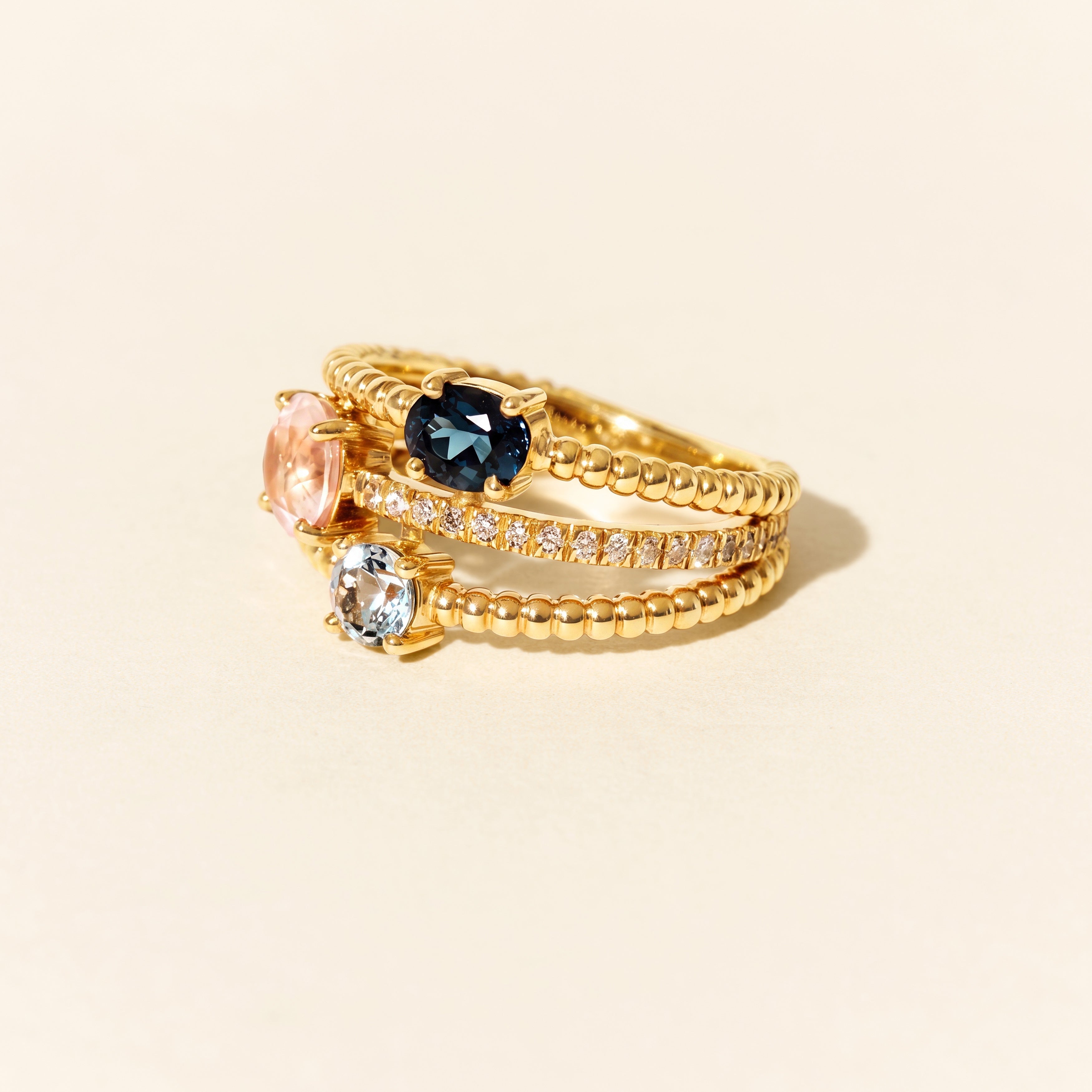 Bague Alma Trio quartz rose topazes - Or jaune