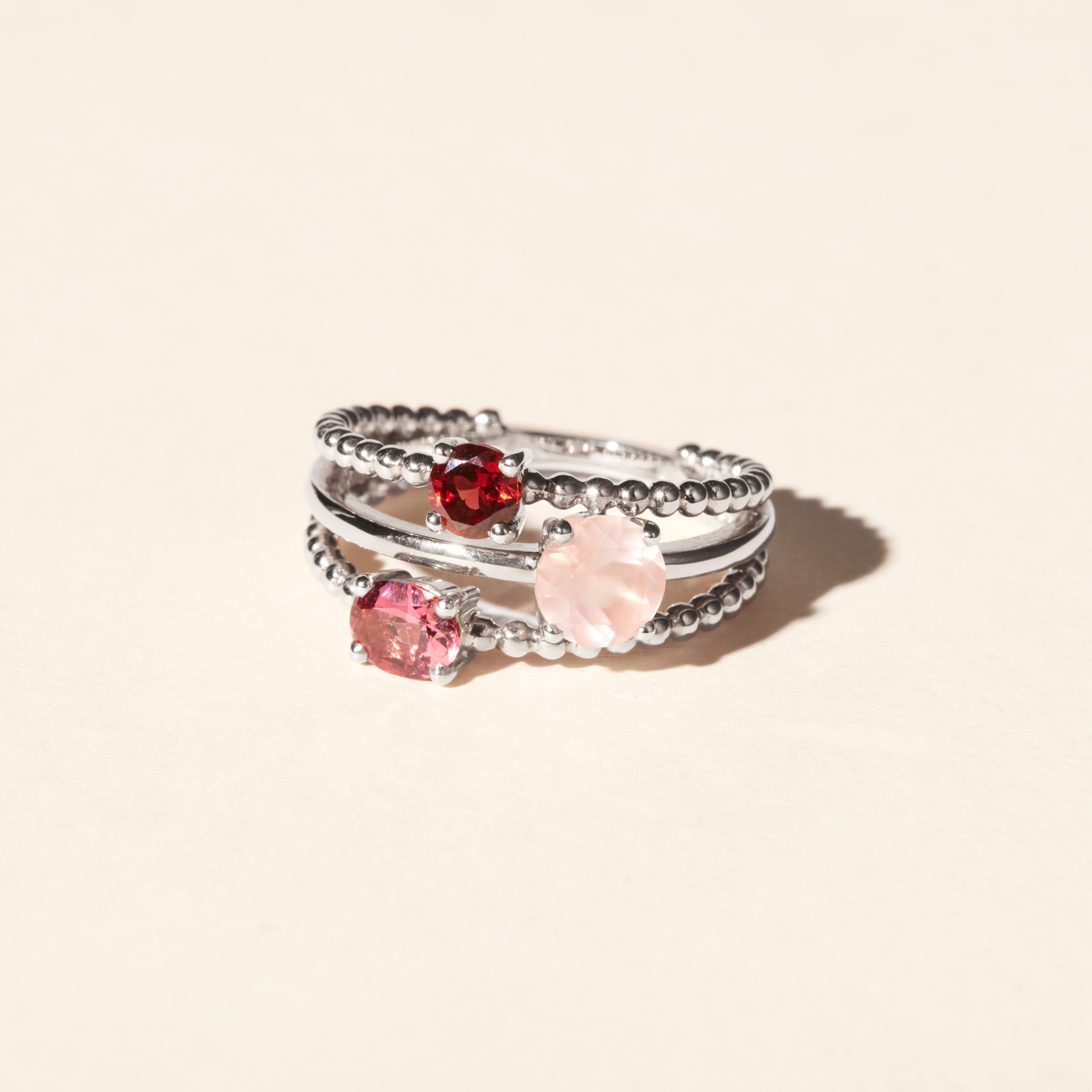 Bague Alma Trio quartz rose tourmaline grenat - Or blanc