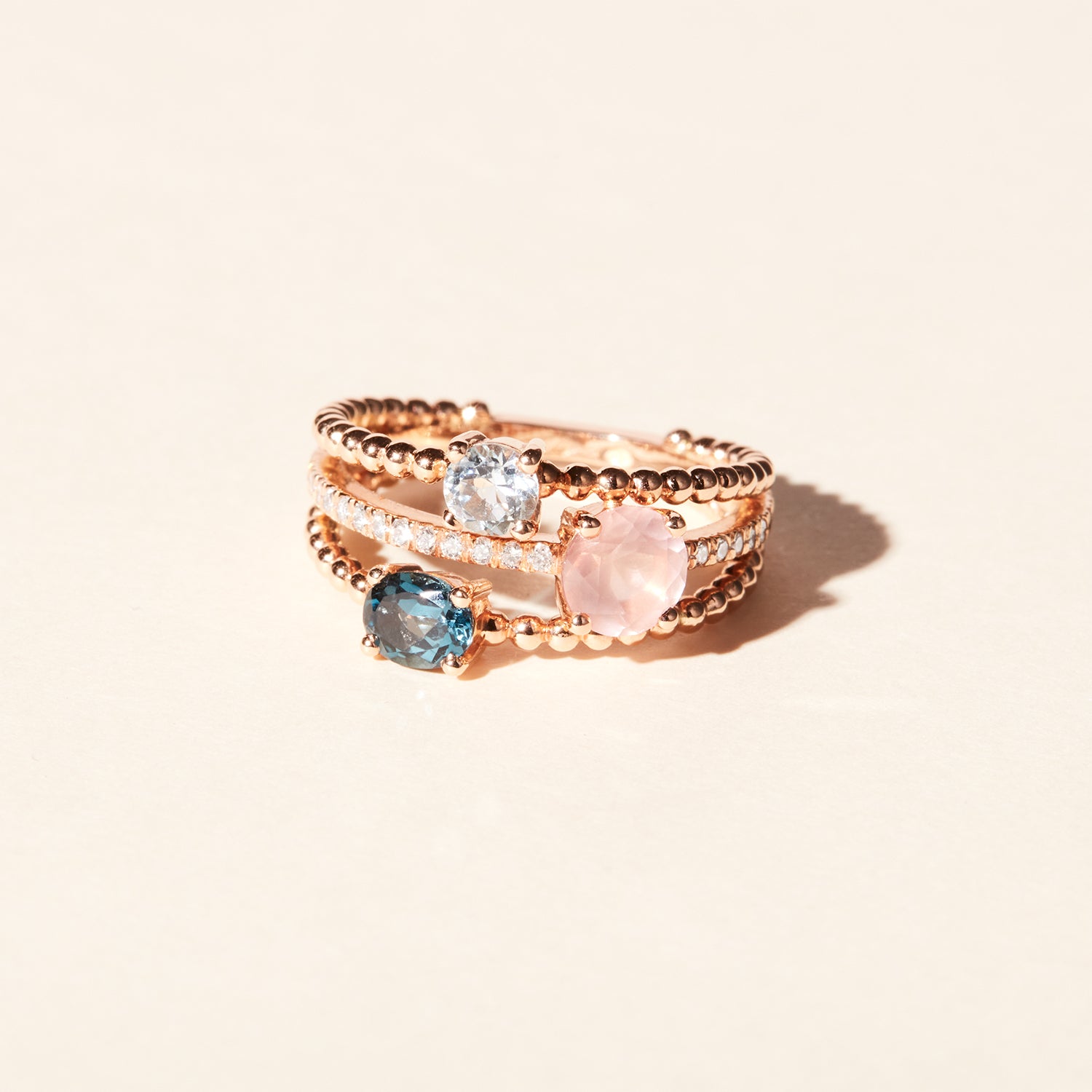 Alma Trio rose quartz topaz ring - Rose gold