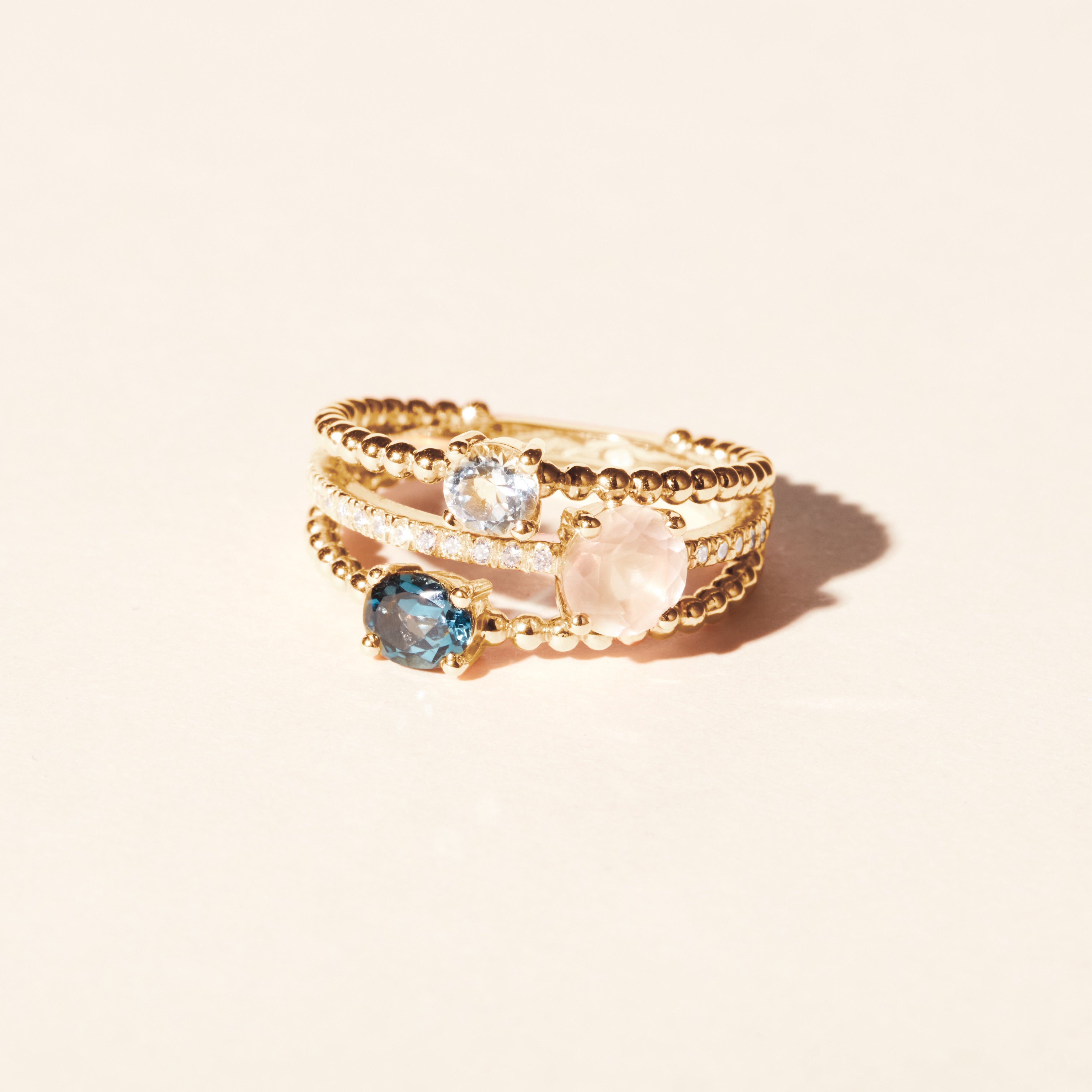 Bague Alma Trio quartz rose topazes - Or jaune
