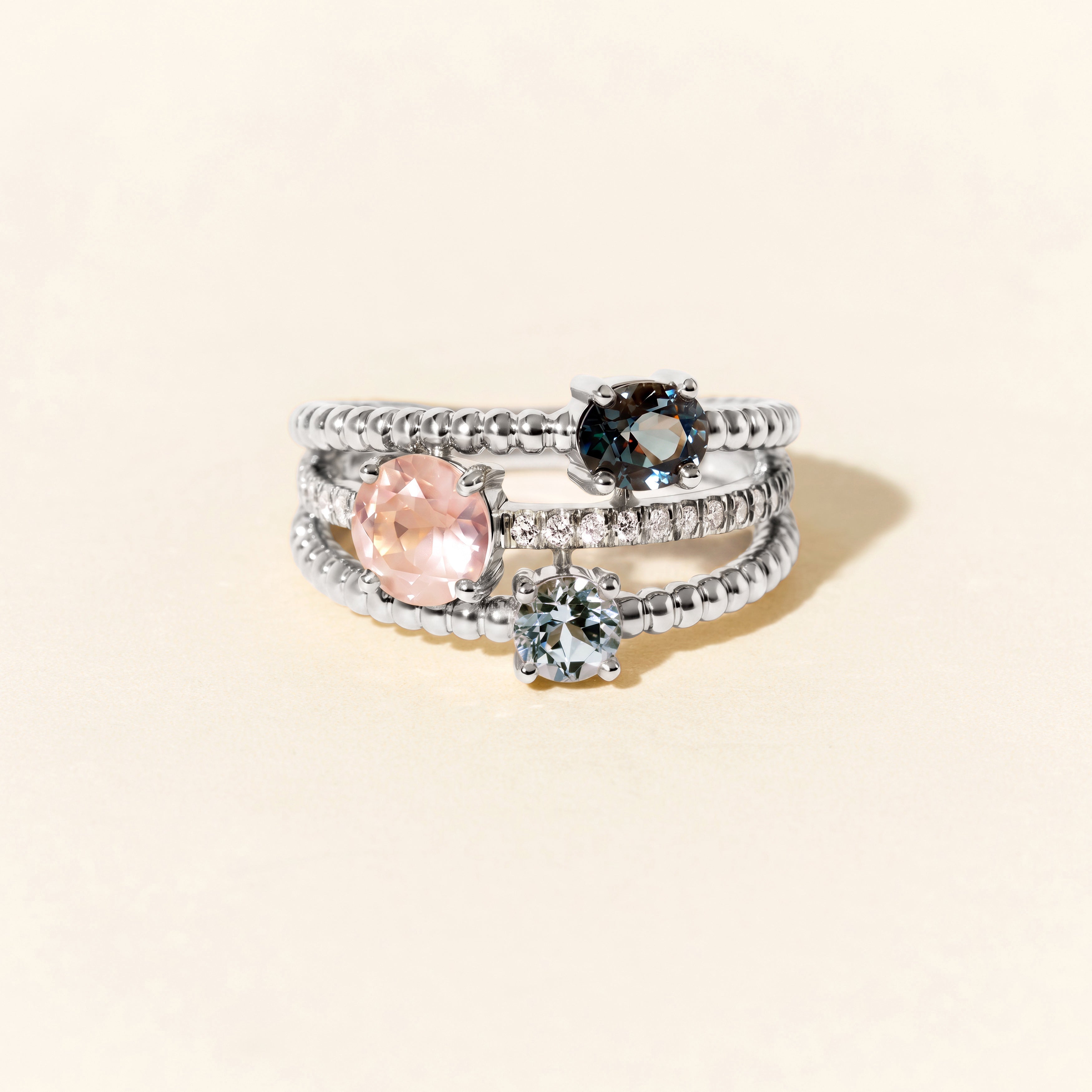 Bague Alma Trio quartz rose topazes - Or blanc