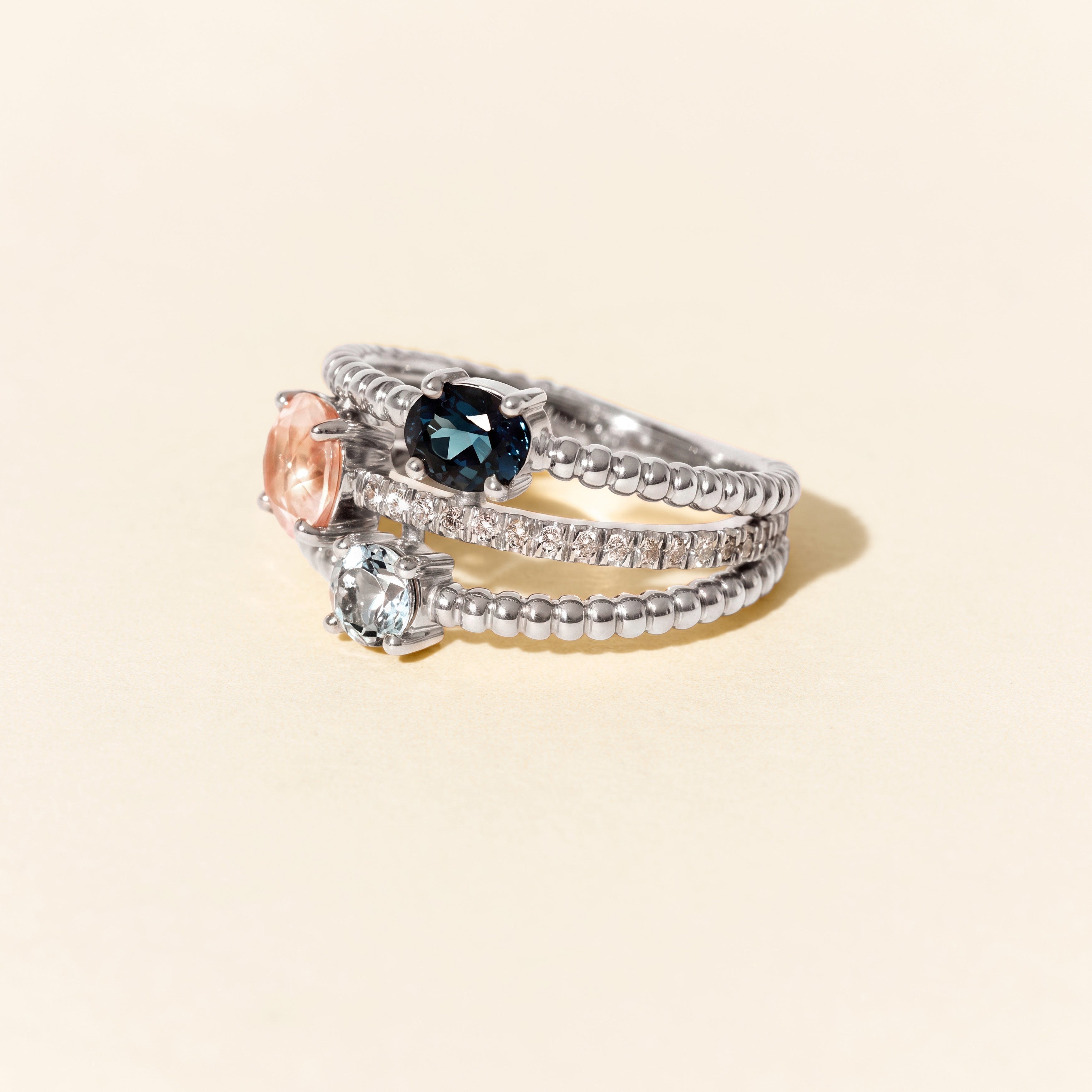 Bague Alma Trio quartz rose topazes - Or blanc