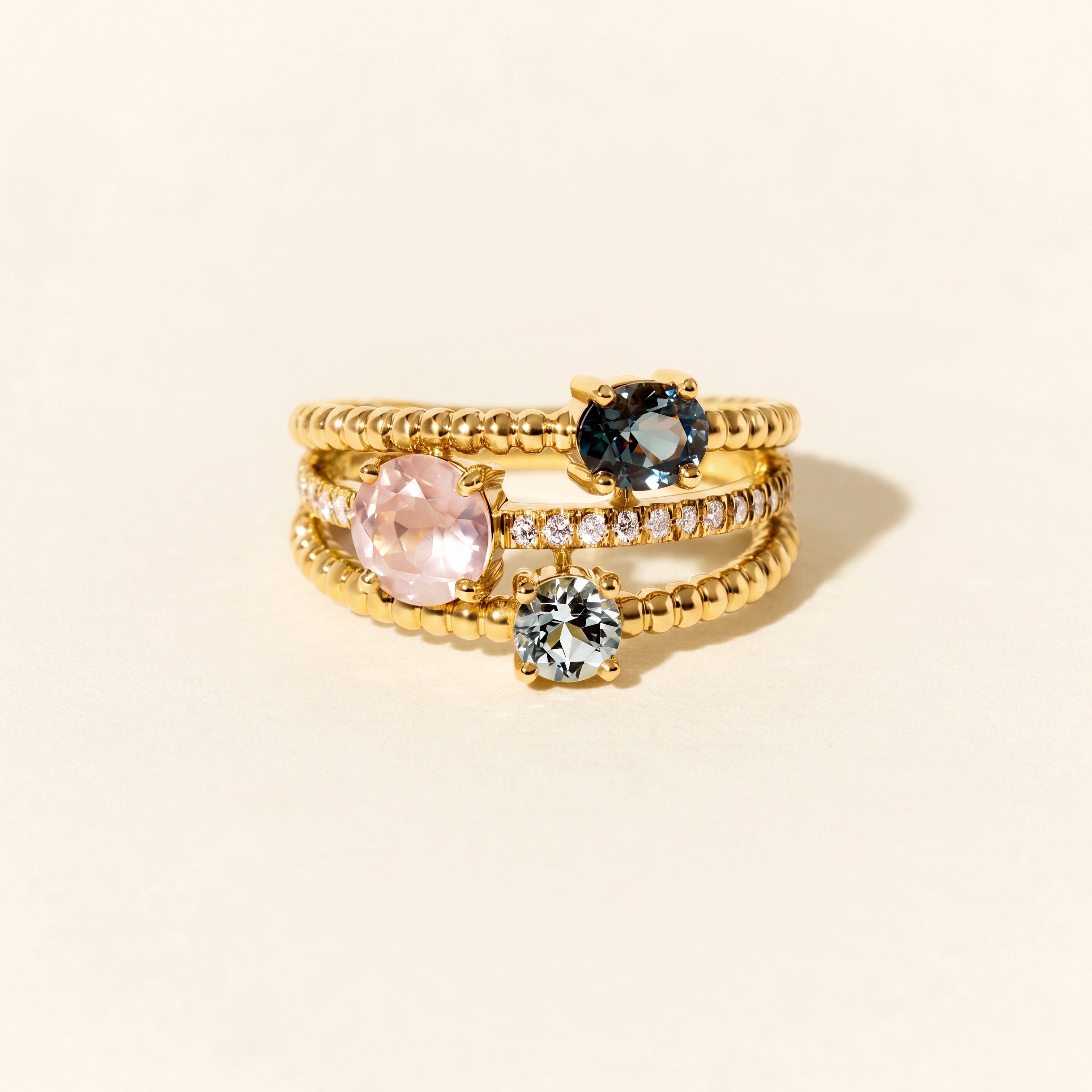 Bague Alma Trio quartz rose topazes - Or jaune
