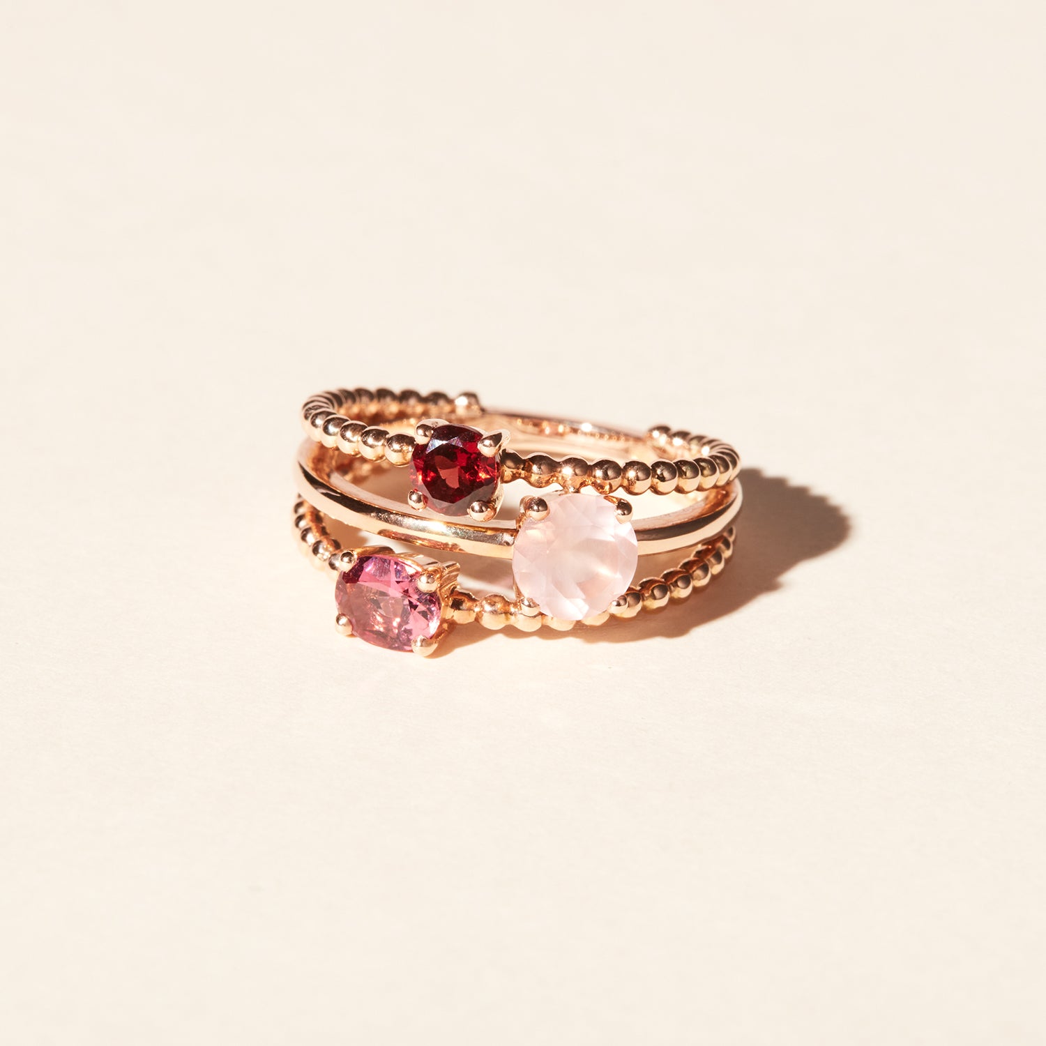 Bague Alma Trio quartz rose tourmaline grenat - Or rose