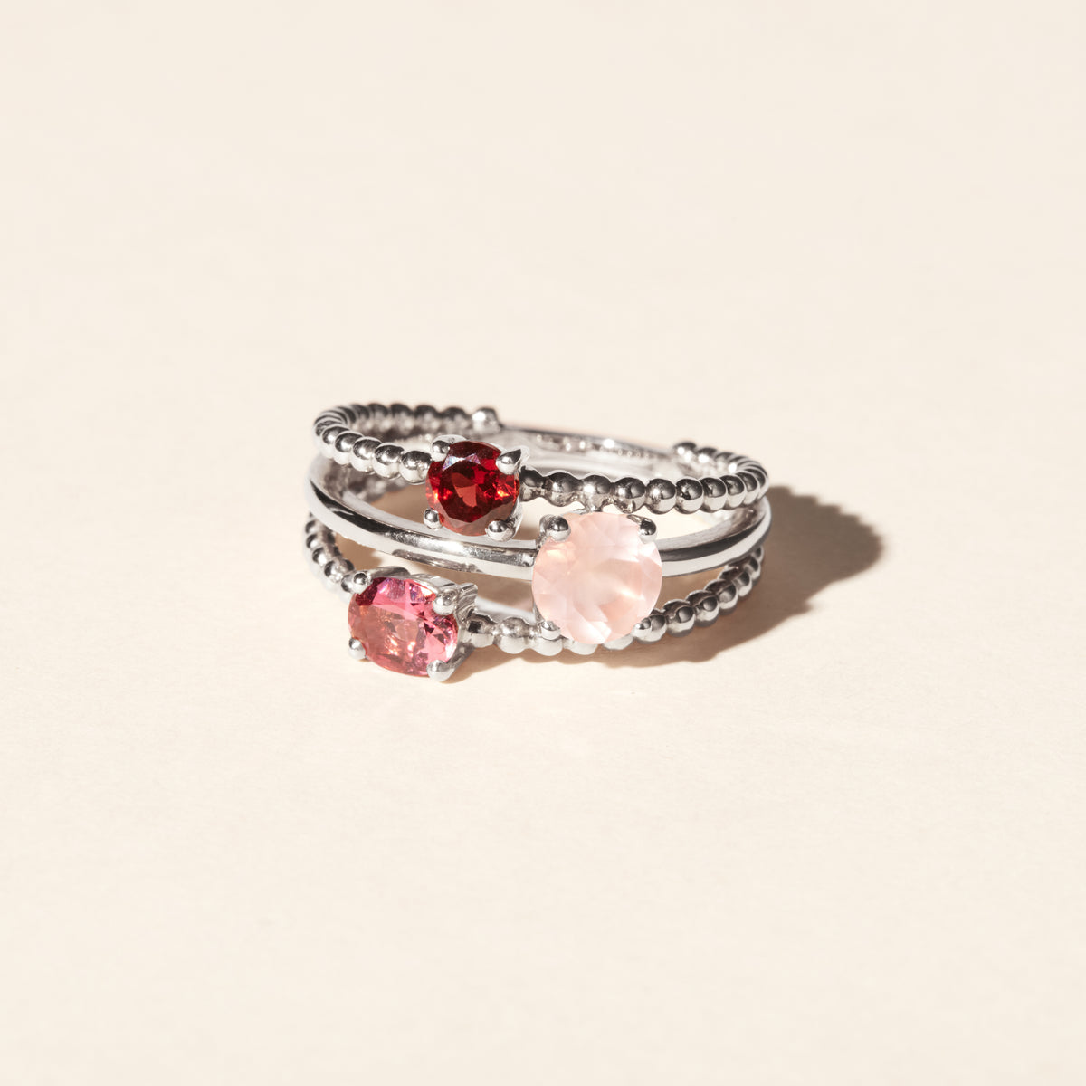 Bague Alma Trio quartz rose tourmaline grenat - Or blanc