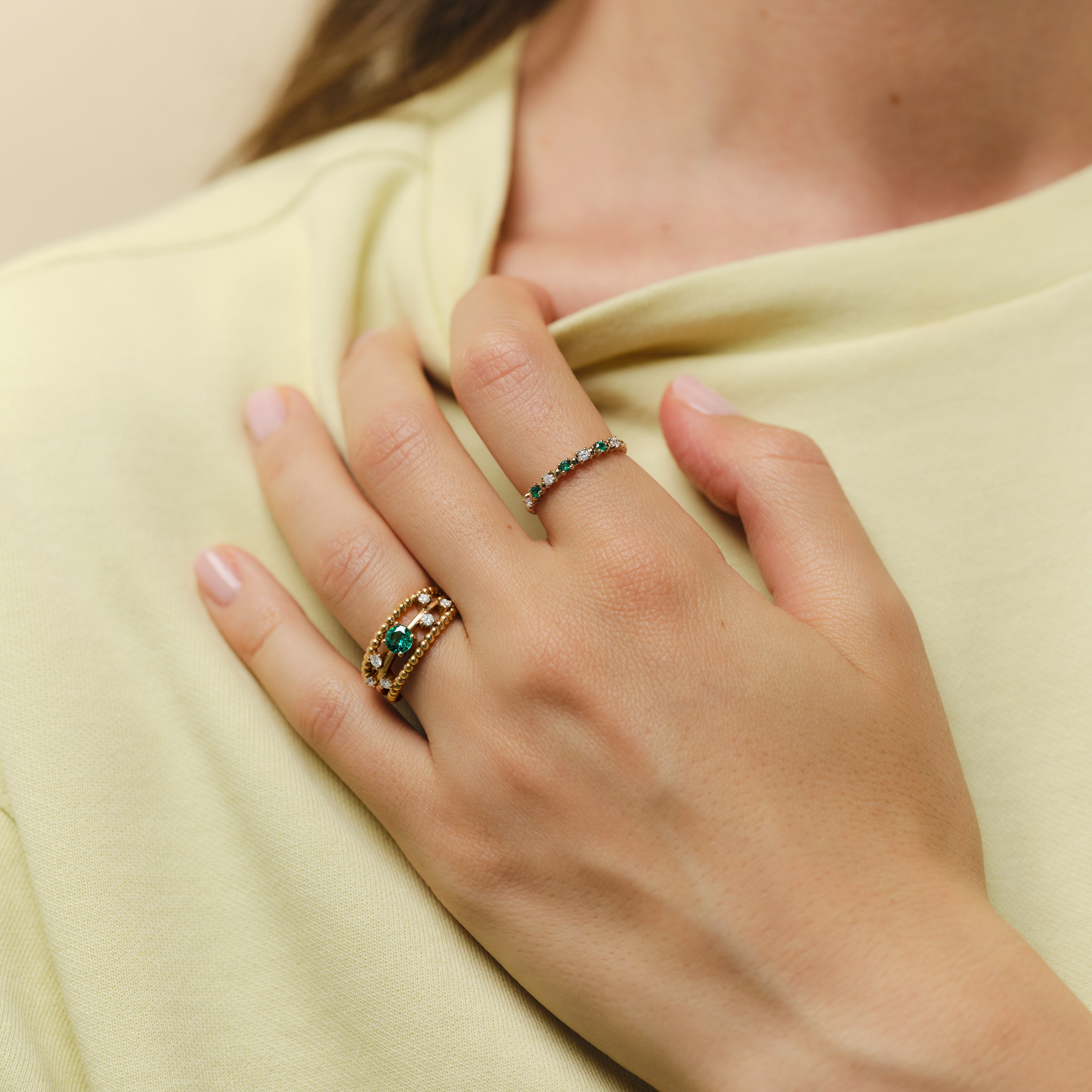 Bague Alma Trio émeraude et diamants PM - Or rose