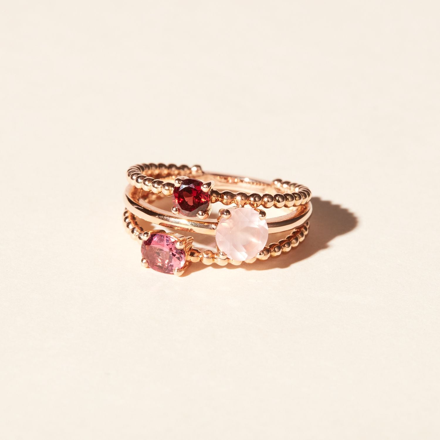 Alma Trio ring with rose quartz, tourmaline, and garnet - Rose gold